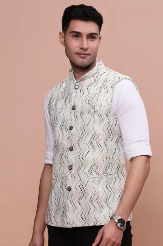 men's embellished cream slim fit nehru jacket