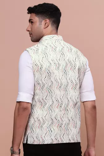 men's embellished cream slim fit nehru jacket