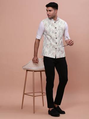 men's embellished cream slim fit nehru jacket 5