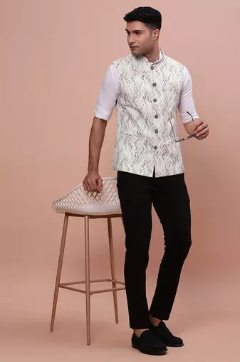 men's embellished cream slim fit nehru jacket