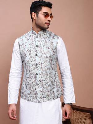 men's embroidered sea green slim fit nehru jacket 1