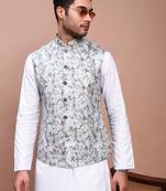 men's embroidered sea green slim fit nehru jacket