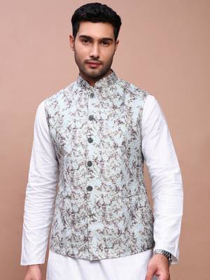 men's embroidered sea green slim fit nehru jacket 2