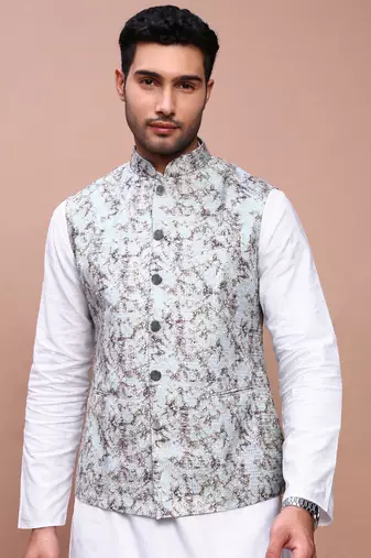 men's embroidered sea green slim fit nehru jacket