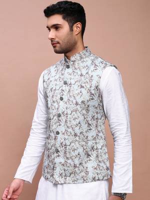 men's embroidered sea green slim fit nehru jacket 3