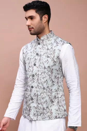 men's embroidered sea green slim fit nehru jacket