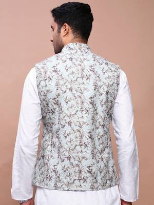 men's embroidered sea green slim fit nehru jacket 4