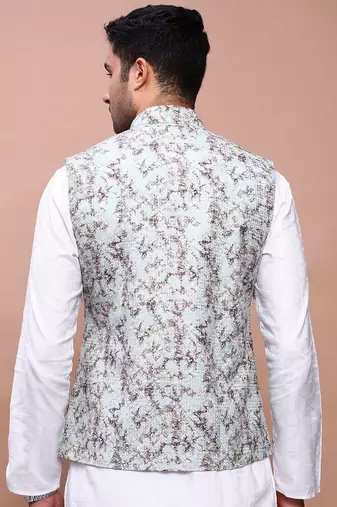 men's embroidered sea green slim fit nehru jacket