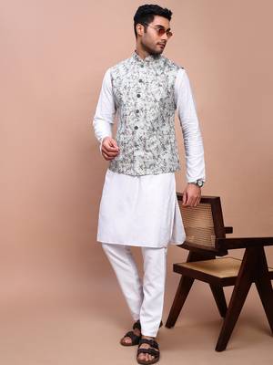 men's embroidered sea green slim fit nehru jacket 5