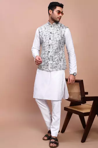 men's embroidered sea green slim fit nehru jacket