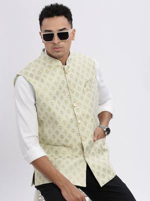 men's green printed nehru jacket 1