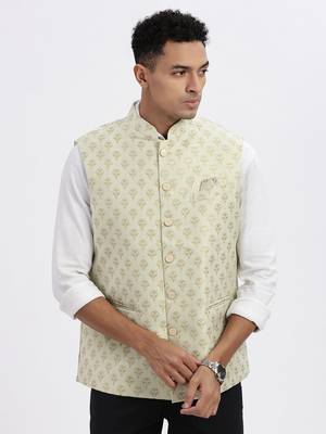 men's green printed nehru jacket 2