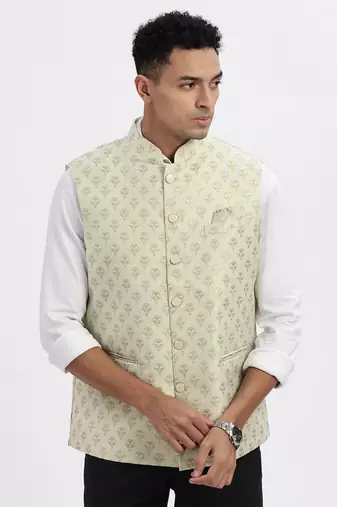 men's green printed nehru jacket