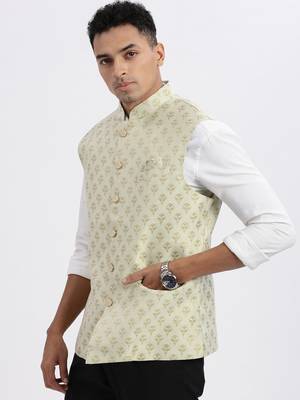 men's green printed nehru jacket 3