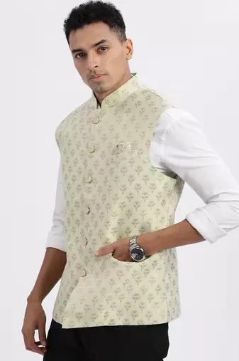 men's green printed nehru jacket