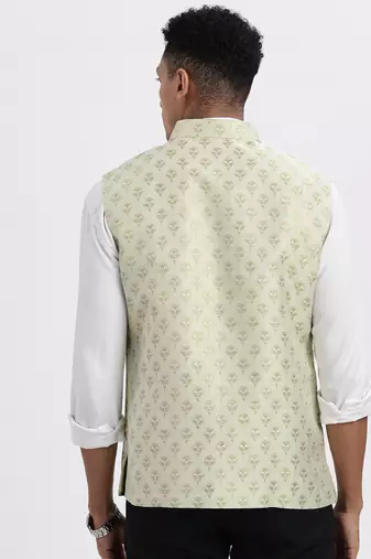 men's green printed nehru jacket