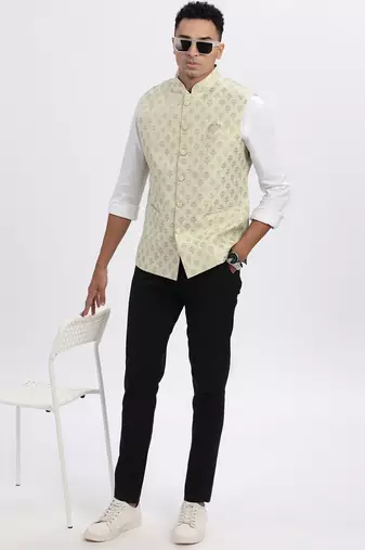 men's green printed nehru jacket