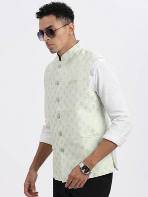 men's green printed nehru jacket 1