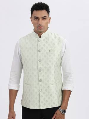 men's green printed nehru jacket 2