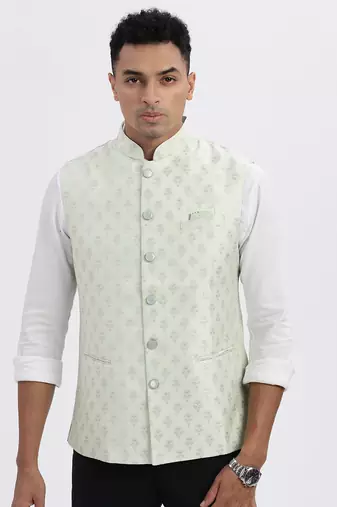 men's green printed nehru jacket