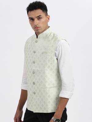 men's green printed nehru jacket 3