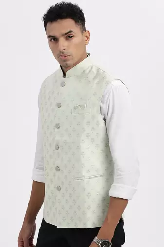 men's green printed nehru jacket