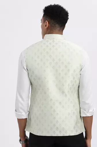 men's green printed nehru jacket