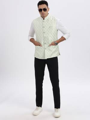 men's green printed nehru jacket 5