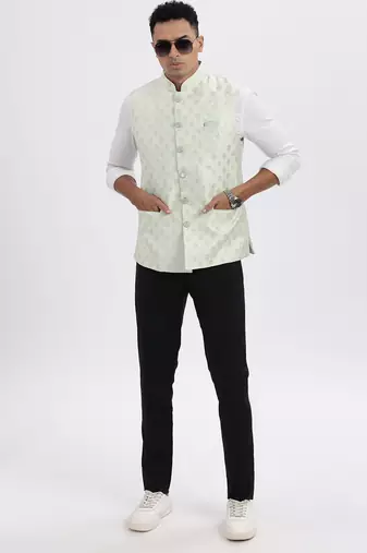 men's green printed nehru jacket