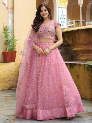 pink sequins net lehenga set choli with dupatta with dupatta 1