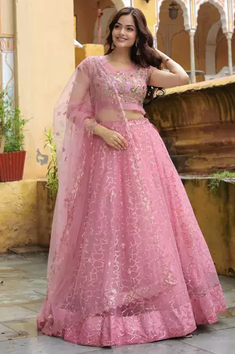 pink sequins net lehenga set choli with dupatta with dupatta