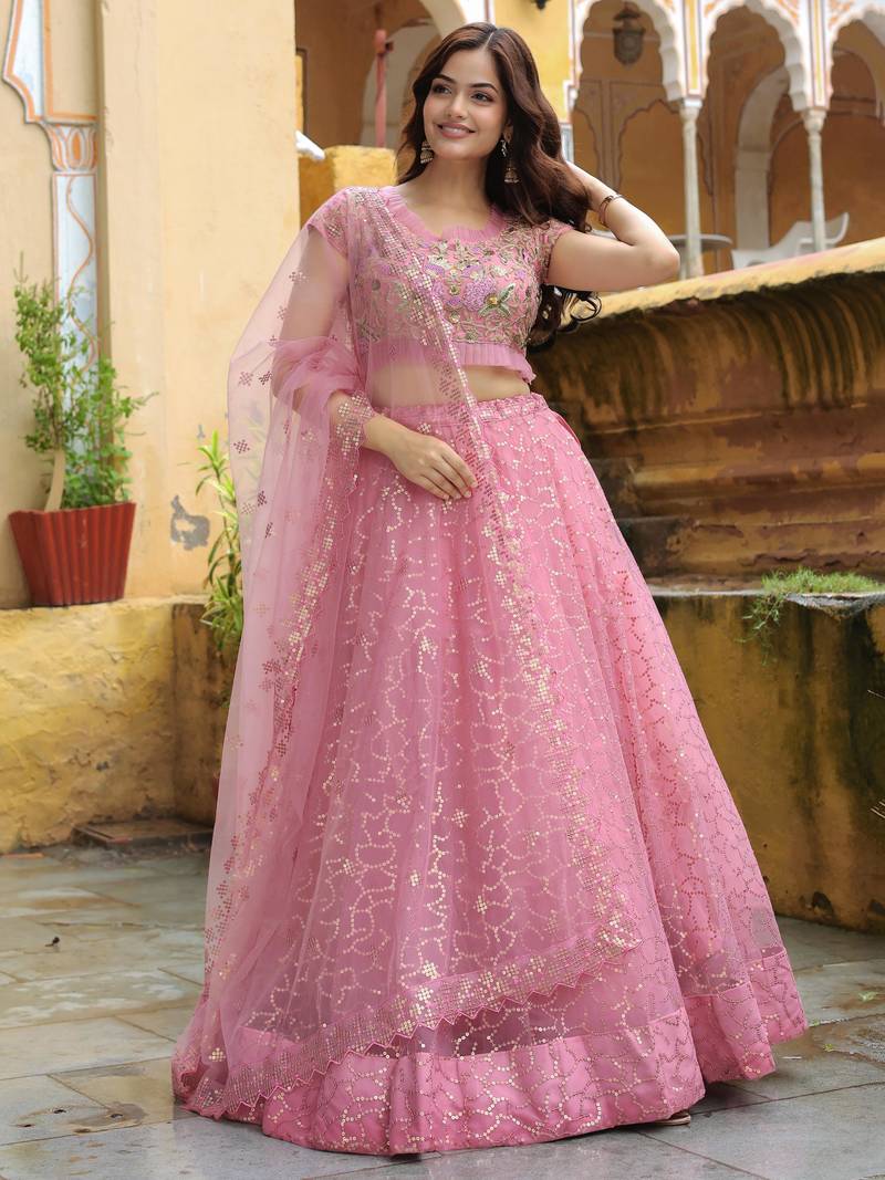 Adorable Pink Sequins Net Engagement Wear Lehenga Choli With Dupatta