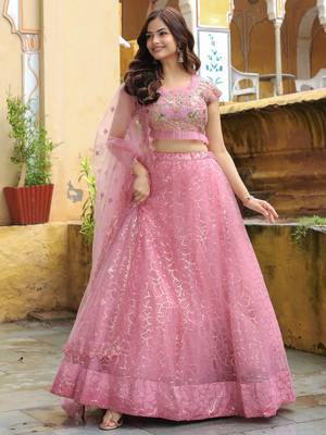 pink sequins net lehenga set choli with dupatta with dupatta 3