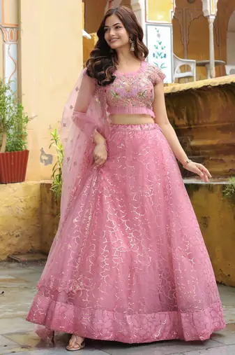 pink sequins net lehenga set choli with dupatta with dupatta