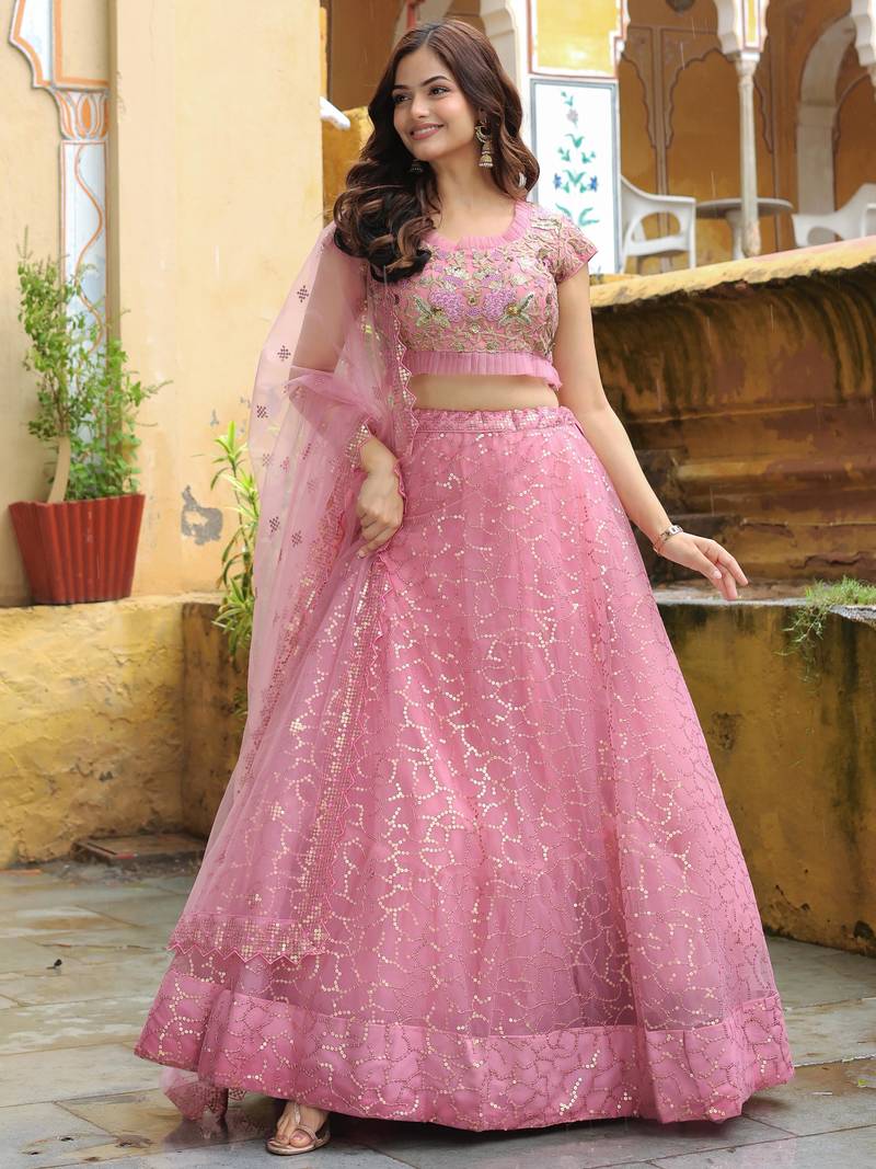 Adorable Pink Sequins Net Engagement Wear Lehenga Choli With Dupatta