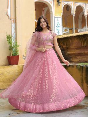 pink sequins net lehenga set choli with dupatta with dupatta 4