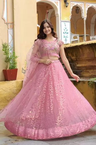 pink sequins net lehenga set choli with dupatta with dupatta