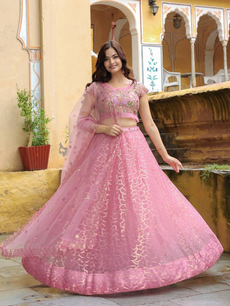 Adorable Pink Sequins Net Engagement Wear Lehenga Choli With Dupatta
