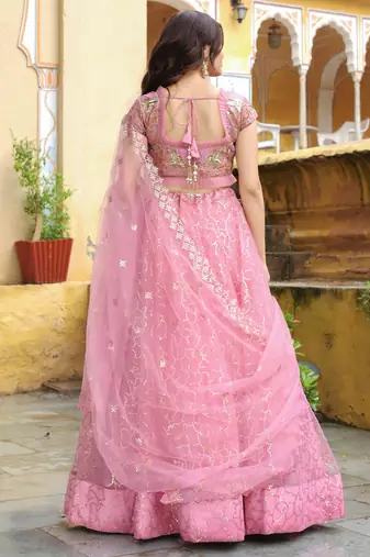 pink sequins net lehenga set choli with dupatta with dupatta
