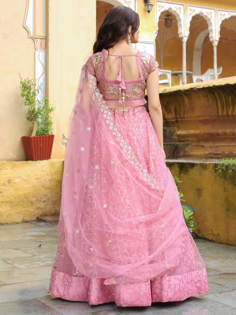 Adorable Pink Sequins Net Engagement Wear Lehenga Choli With Dupatta