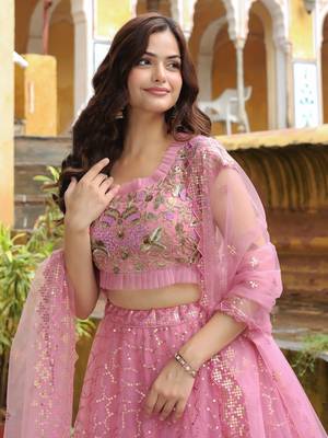 pink sequins net lehenga set choli with dupatta with dupatta 6