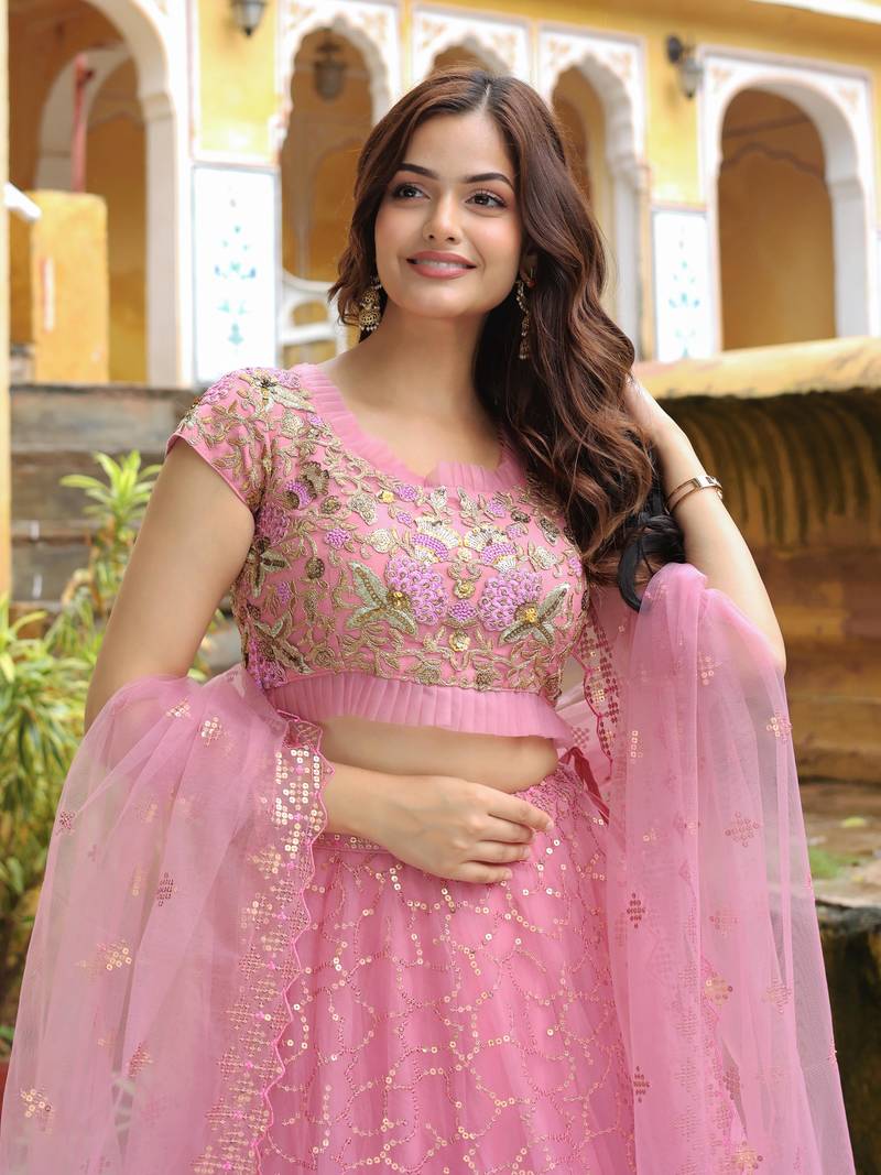 Adorable Pink Sequins Net Engagement Wear Lehenga Choli With Dupatta