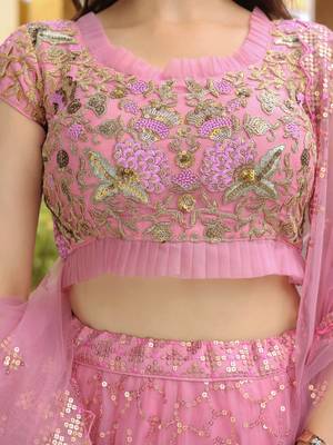 pink sequins net lehenga set choli with dupatta with dupatta 8