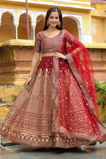 maroon sequins raw silk bridal lehenga set choli with dupatta with dupatta