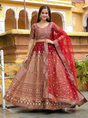 maroon sequins raw silk bridal lehenga set choli with dupatta with dupatta 1