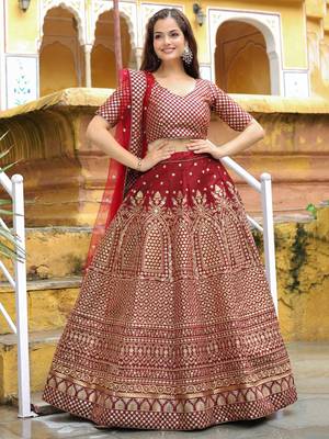 maroon sequins raw silk bridal lehenga set choli with dupatta with dupatta 2