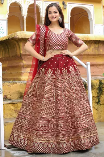 maroon sequins raw silk bridal lehenga set choli with dupatta with dupatta