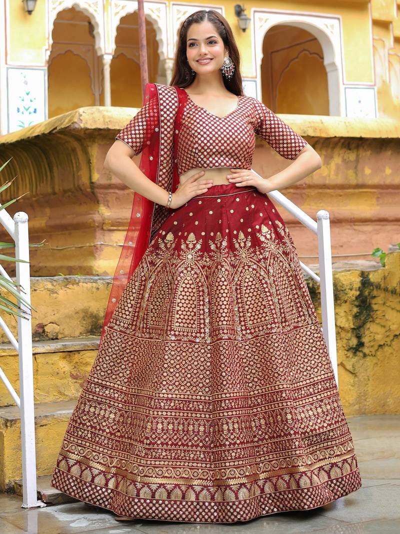Beautiful Maroon Sequins Raw Silk Bridal Lehenga Choli With Dupatta