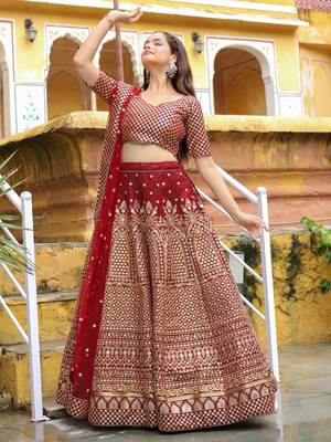 maroon sequins raw silk bridal lehenga set choli with dupatta with dupatta 3