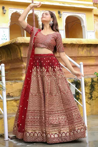 maroon sequins raw silk bridal lehenga set choli with dupatta with dupatta